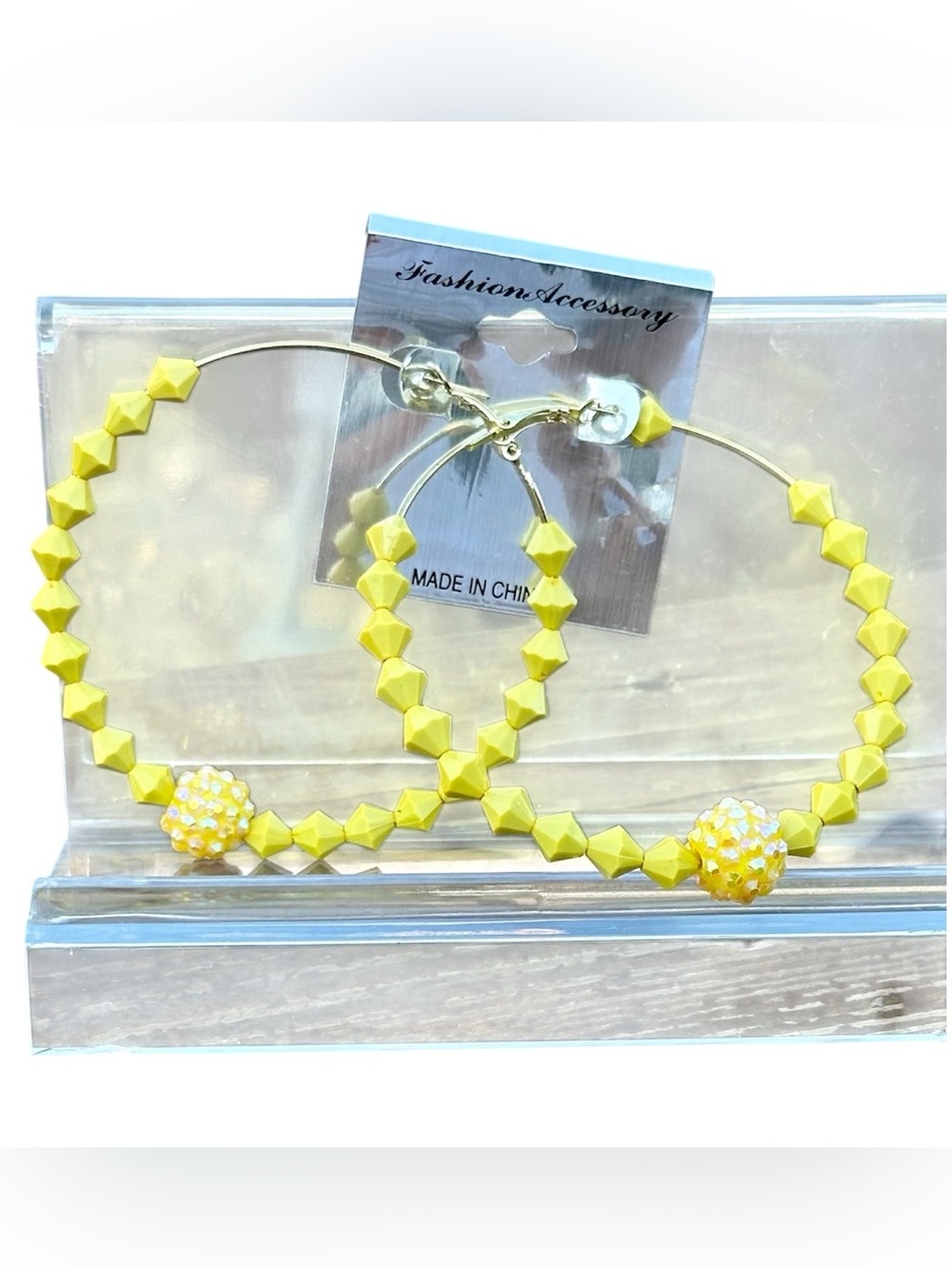 Yellow Beaded XL Hoop Earrings with Rhinestone Accent